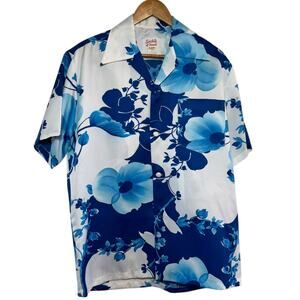 Sachi's of Hawaii Blue White Hawaiian Floral Print Medium Short Sleeve Shirt